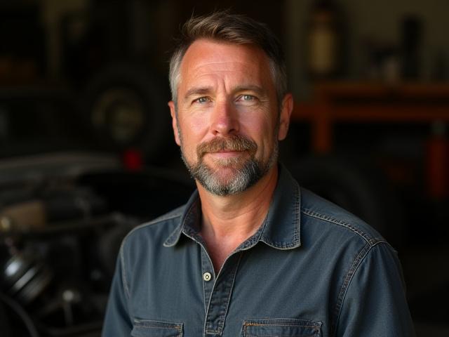 Professionelles Porträt von Anton Kranz, dem Fahrwerk-Spezialisten von Radschmiede, neben einer Hebebühne und Sportfahrwerken.