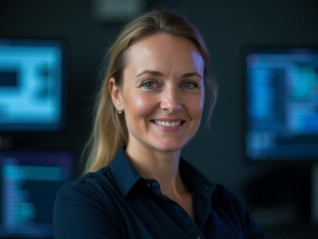 Professionelles Porträt von Sophie Riegel, der ECU Spezialistin von Radschmiede, vor einem Serverrack oder Teststand.
